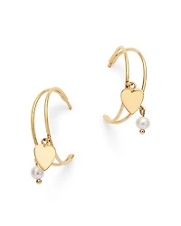 14K Yellow Gold Freshwater Pearl & Polished Heart Dangle Hoop Earrings