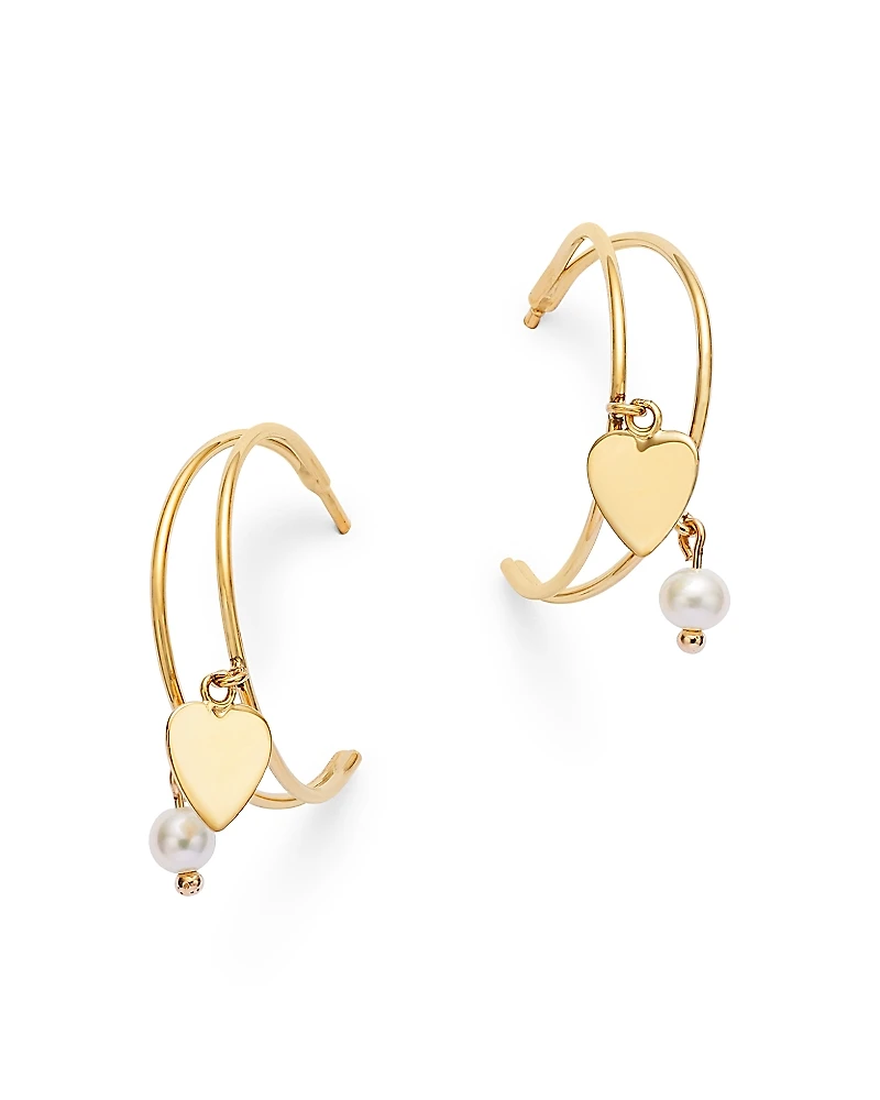 Moon & Meadow 14K Yellow Gold Freshwater Pearl & Polished Heart Dangle Hoop Earrings