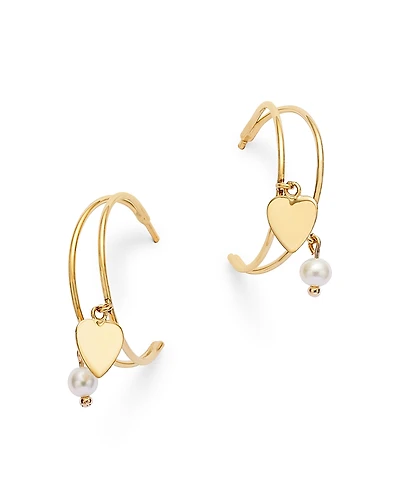 Moon & Meadow 14K Yellow Gold Freshwater Pearl & Polished Heart Dangle Hoop Earrings