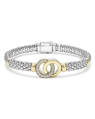 Lagos Sterling Silver & 18K Yellow Gold Diamond Interlocking Caviar Bracelet
