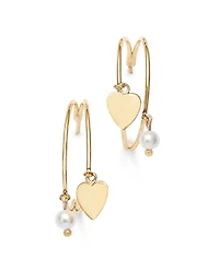 14K Yellow Gold Freshwater Pearl & Polished Heart Dangle Hoop Earrings