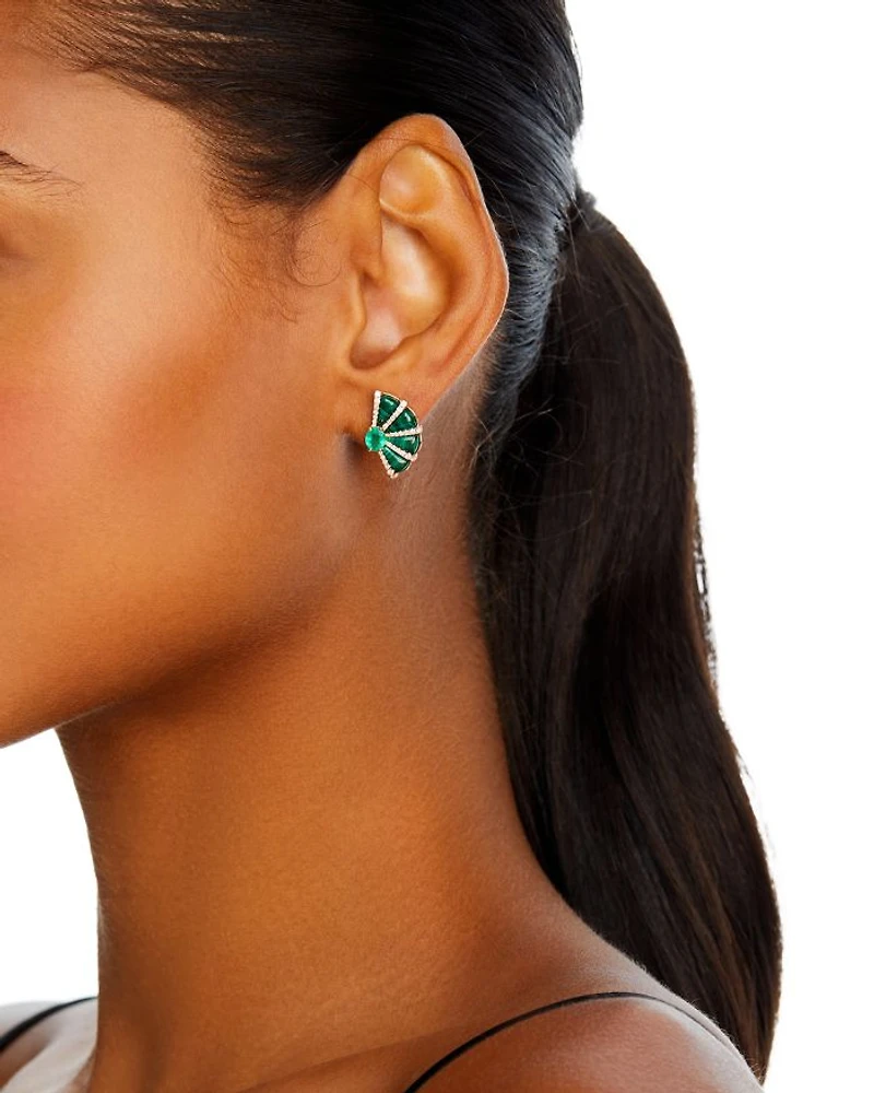 Malachite, Emerald, & Diamond Fan Stud Earrings in 14K Yellow Gold