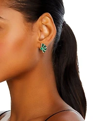 Malachite, Emerald, & Diamond Fan Stud Earrings in 14K Yellow Gold