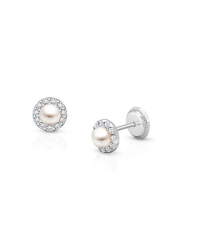 Girls' 14K Gold Cultured Pearl Halo Studs Screw Back Earrings - Baby, Little Kid, Big Kid