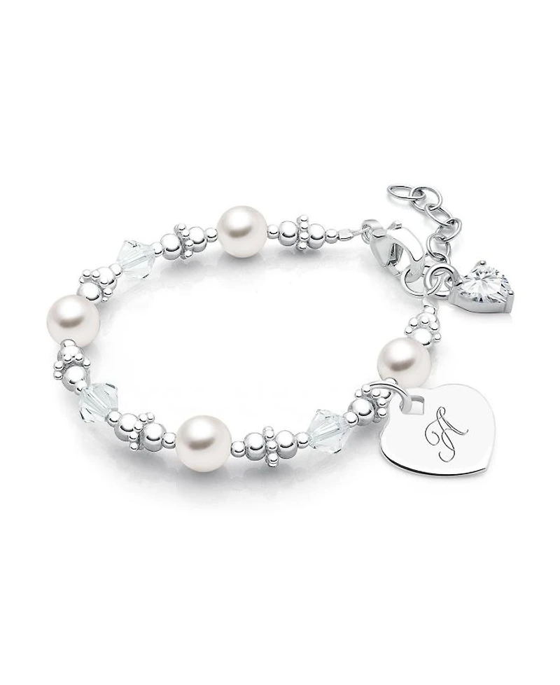 Girls Sterling Silver Crystals & Cultured Pearls Initial 5.25" Bracelet - Children