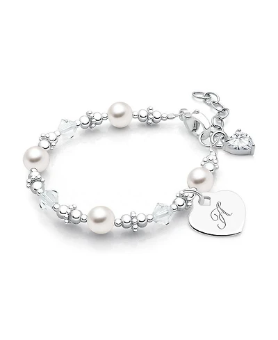 Girls Sterling Silver Crystals & Cultured Pearls Initial 5.25" Bracelet - Children