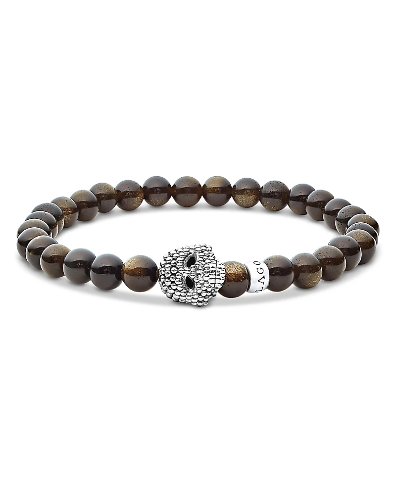 Lagos Men's Sterling Silver Anthem Obsidian Bead Skull Stretch Bracelet - Exclusive