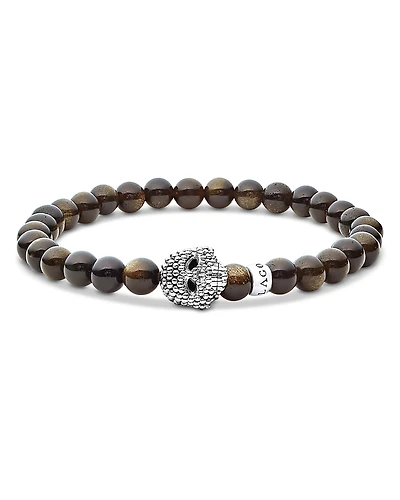 Lagos Men's Sterling Silver Anthem Obsidian Bead Skull Stretch Bracelet - Exclusive