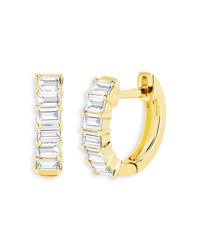 14K Yellow Gold Diamond Baguette Huggie Hoop Earrings
