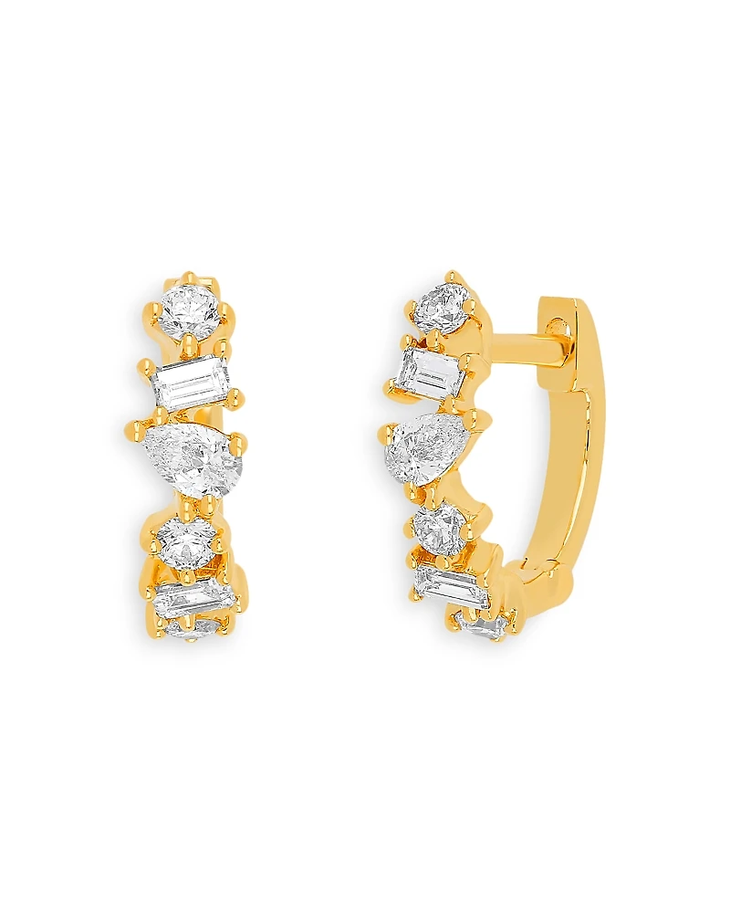 Ef Collection 14K Yellow Gold Multi Faceted Diamond Huggie Hoop Earrings