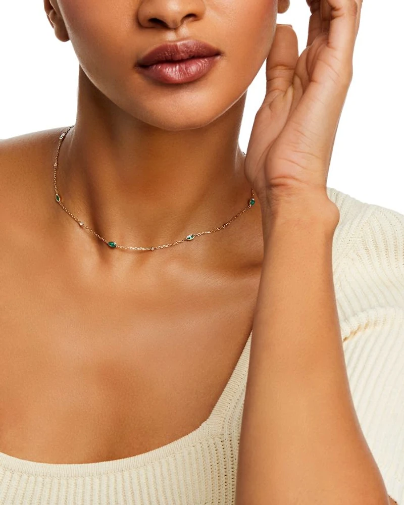 Gemstone & Diamond Station Necklace 14K White Gold or Yellow Gold, 22"