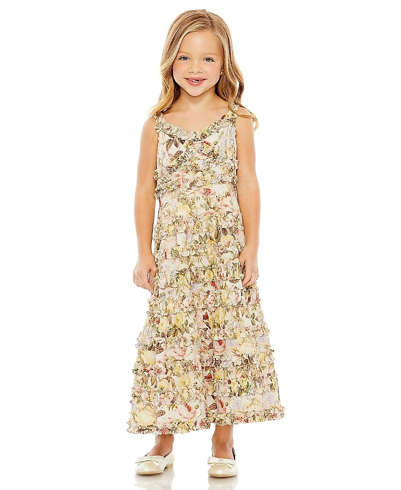 Mac Duggal Girls Floral Print Ruffle Tiered Midi Dress - Little Kid, Big Kid