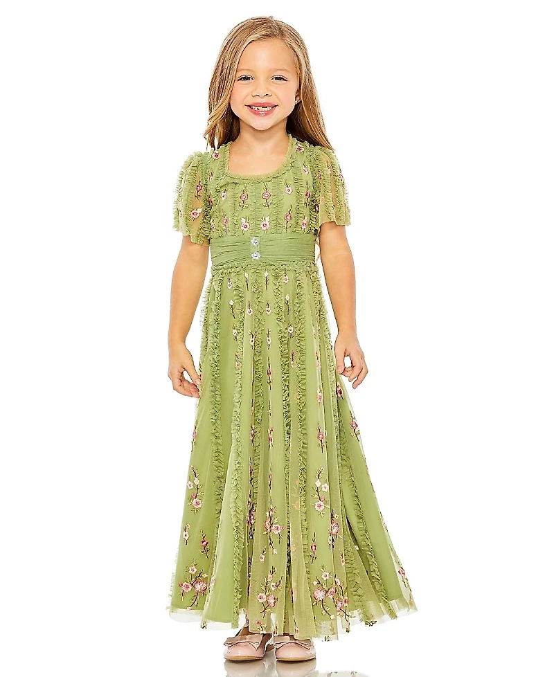 Mac Duggal Girls Ruffle Flutter Sleeve Floral Mini Dress - Little Kid, Big Kid