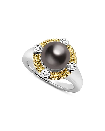 Lagos 18K Yellow Gold & Sterling Silver Luna Black Tahitian Pearl & Diamond Halo Ring