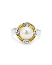 18K Yellow Gold & Sterling Silver Luna Cultured Freshwater Pearl & Diamond Halo Ring
