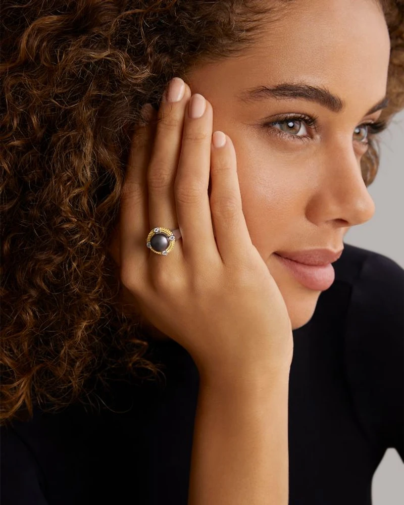 18K Yellow Gold & Sterling Silver Luna Black Tahitian Pearl & Diamond Halo Ring