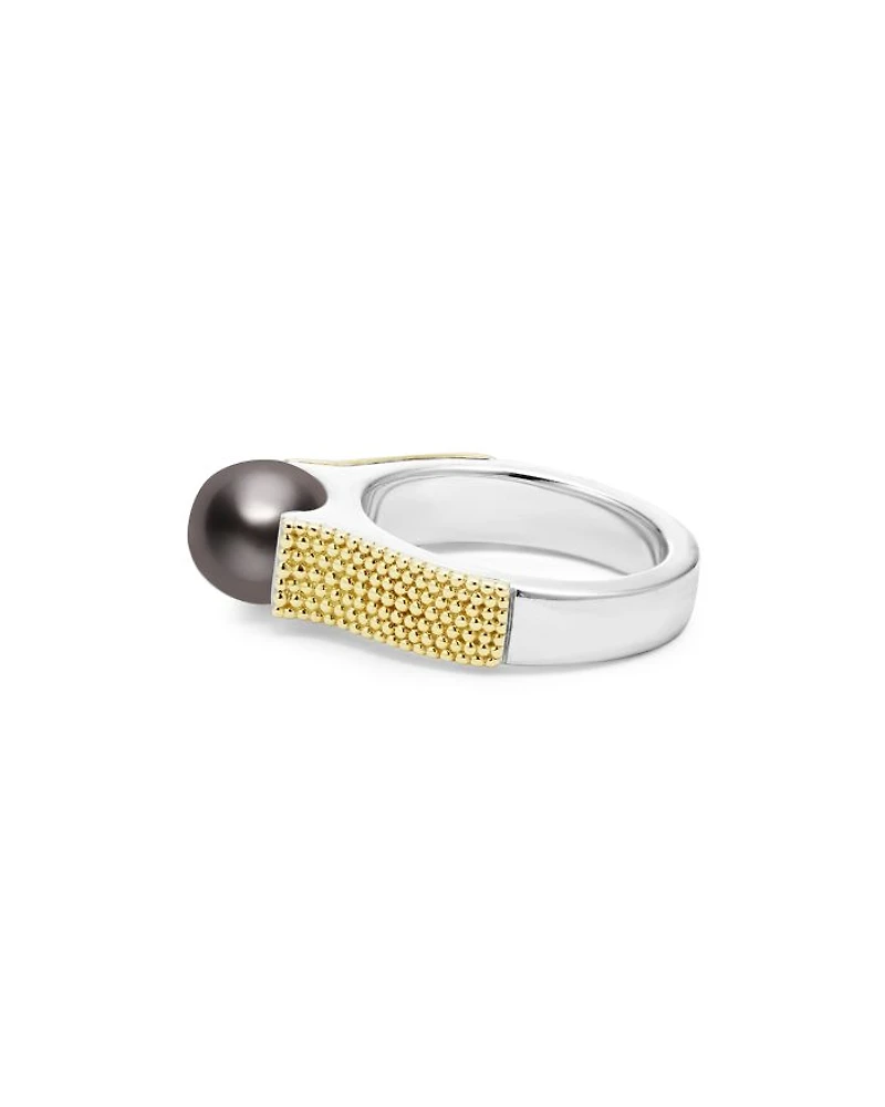 18K Yellow Gold & Sterling Silver Luna Black Tahitian Pearl Caviar Bead Ring