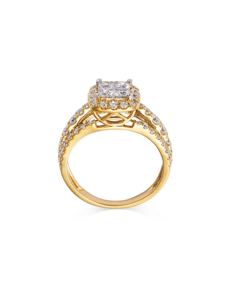 Diamond Princess & Round Halo Ring in 14K Yellow Gold, 1.50 tcw
