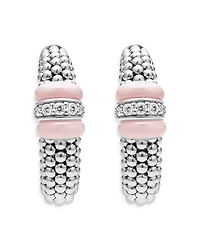 Sterling Silver Pink Caviar Diamond & Pink Ceramic Bead Hoop Earrings