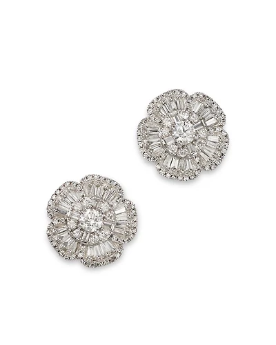 Diamond Round & Baguette Flower Stud Earrings in 14K White Gold