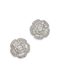 Diamond Round & Baguette Flower Stud Earrings in 14K White Gold