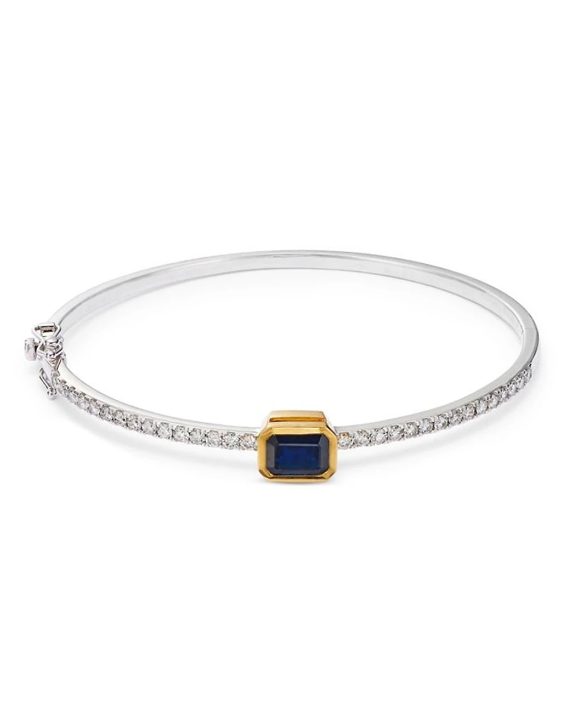 Gemstone & Diamond Station Bangle Bracelet in 14K Yellow & White Gold
