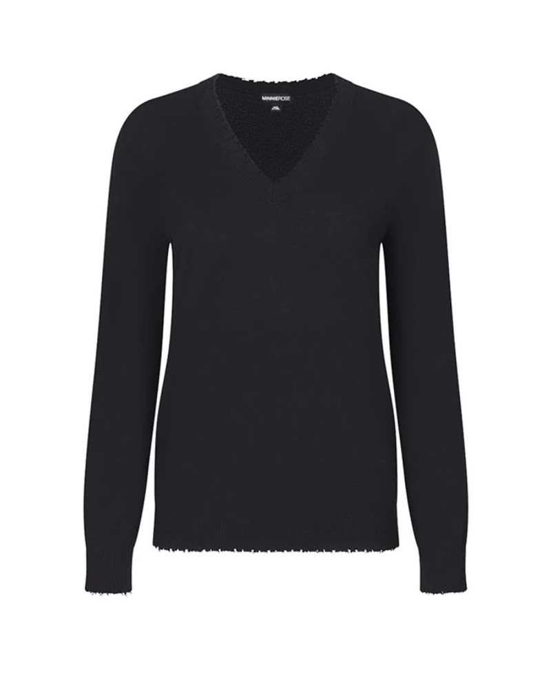 Plus Cotton Distressed Long Sleeve V-Neck Sweater