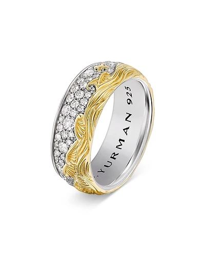 Men's Waves Band Ring in Sterling Silver with 18K Yellow Gold with Diamonds, 8.7mm