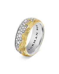 Men's Waves Band Ring in Sterling Silver with 18K Yellow Gold with Diamonds, 8.7mm