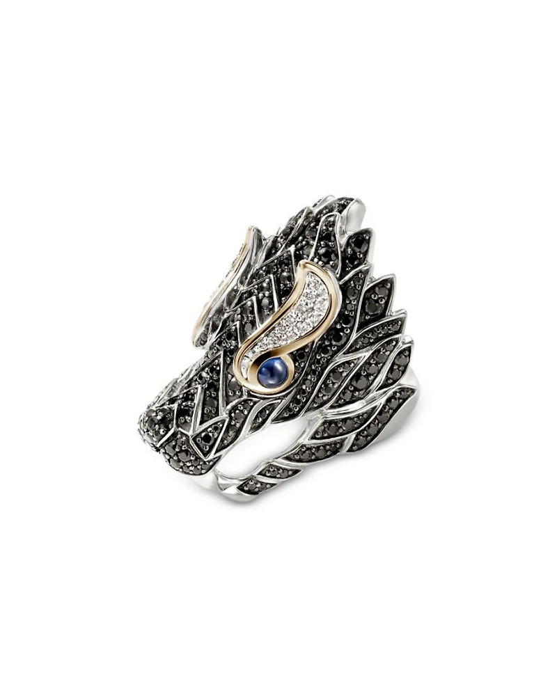 14K Yellow Gold & Silver Naga Diamond, Black Sapphire, Blue Sapphire, & Black Spinel Dragon Ring