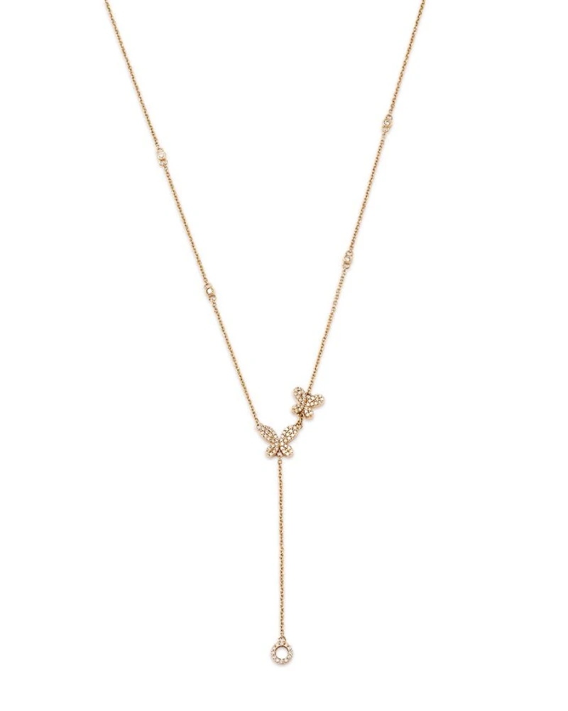 14K Yellow Gold Diamond Butterfly Lariat Necklace, 18"