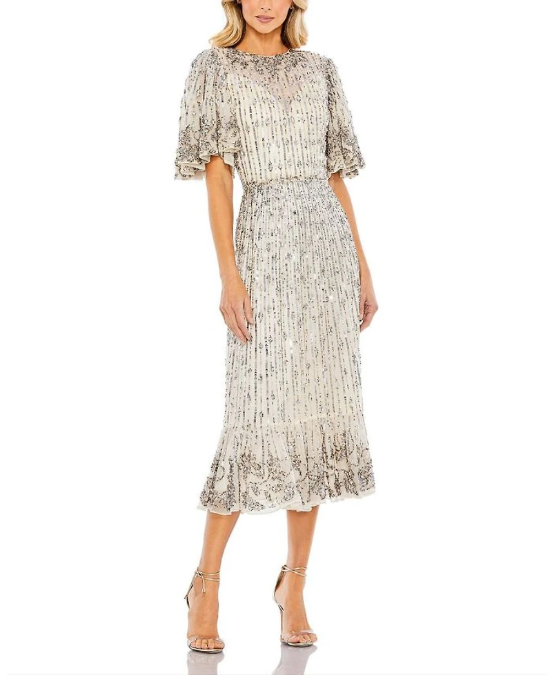Sequined Flounce Sleeve Midi Dress