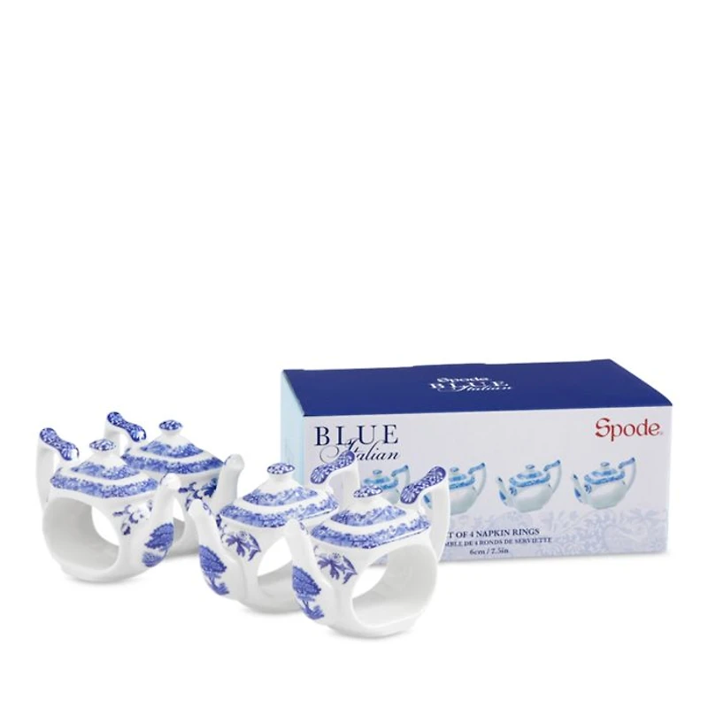 Blue Italian Teapot Napkin Rings - Set of 4