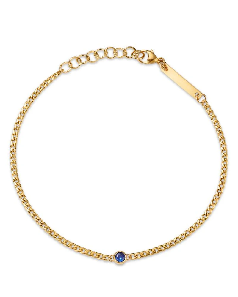 14K Yellow Gold Curb Chain Blue Sapphire Bezel Bracelet