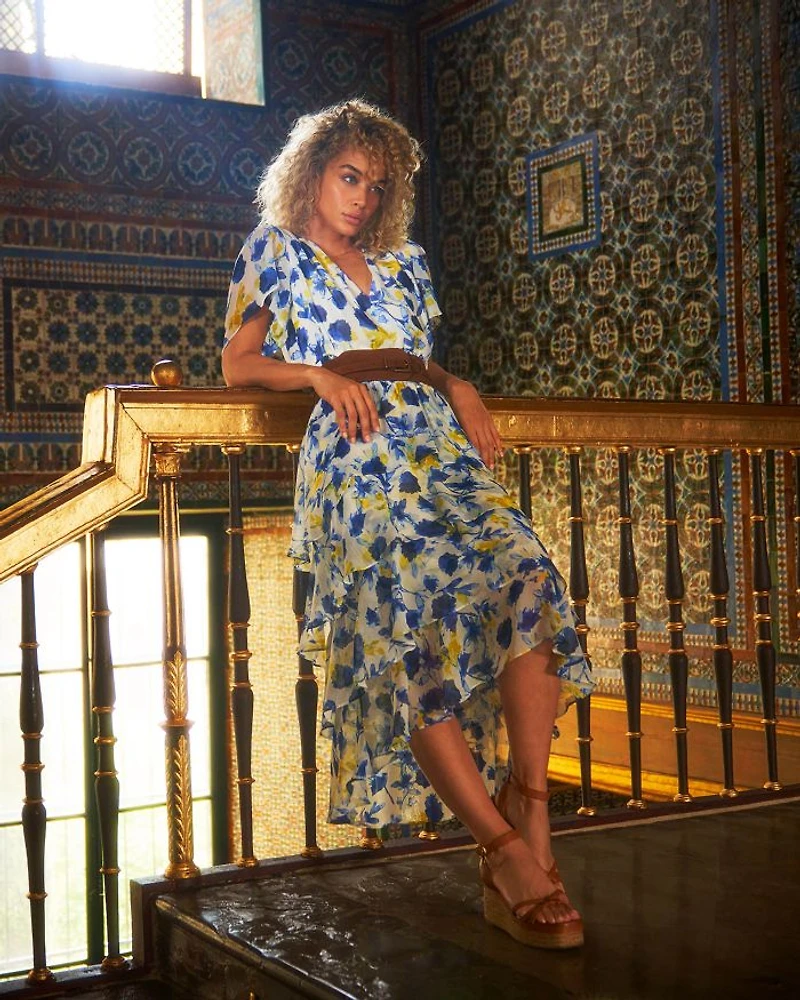 Floral Print Flutter Sleeve Tiered Ruffle Midi Dress