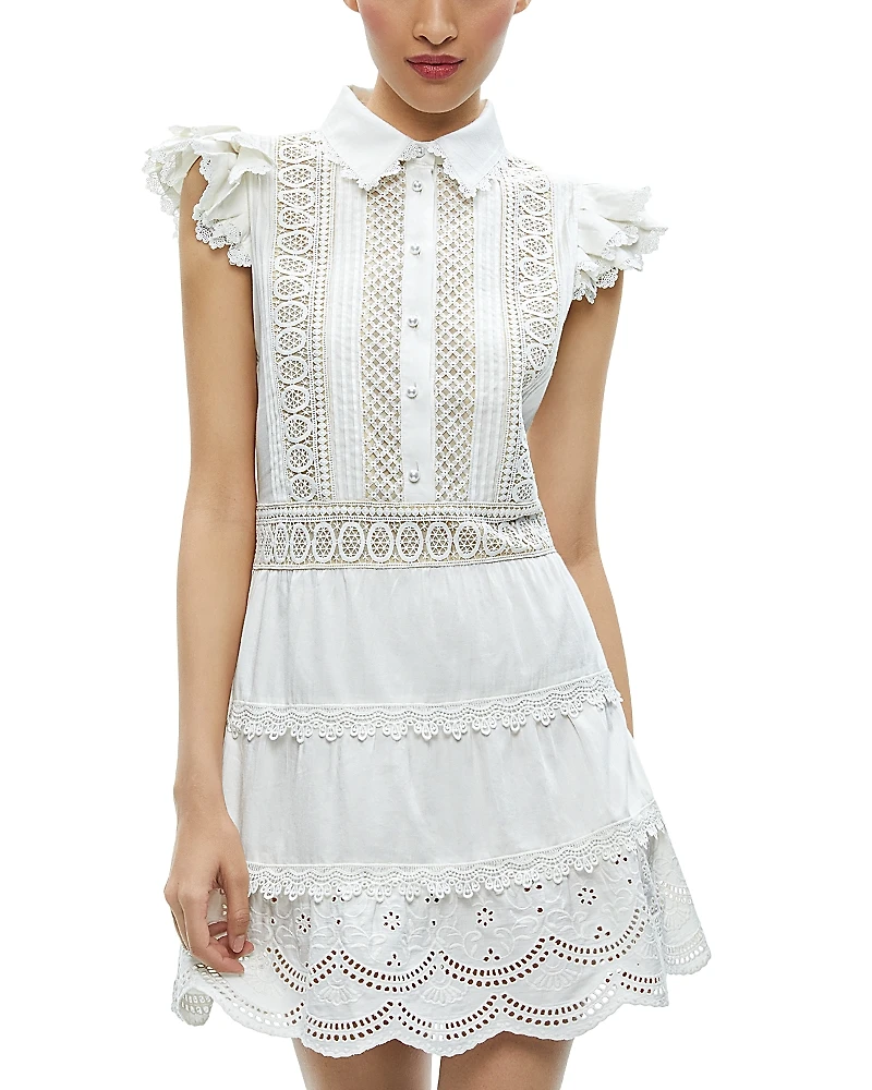 Alice and Olivia Meeko Embroidered Ruffle Sleeve Dress