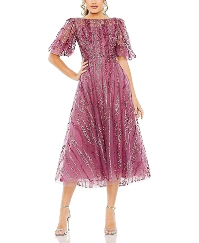 Mac Duggal High Neck Puff Sleeve Embellished A Line Dress