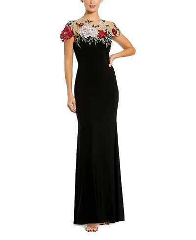 Mac Duggal Floral Embellished Jersey Fitted Gown