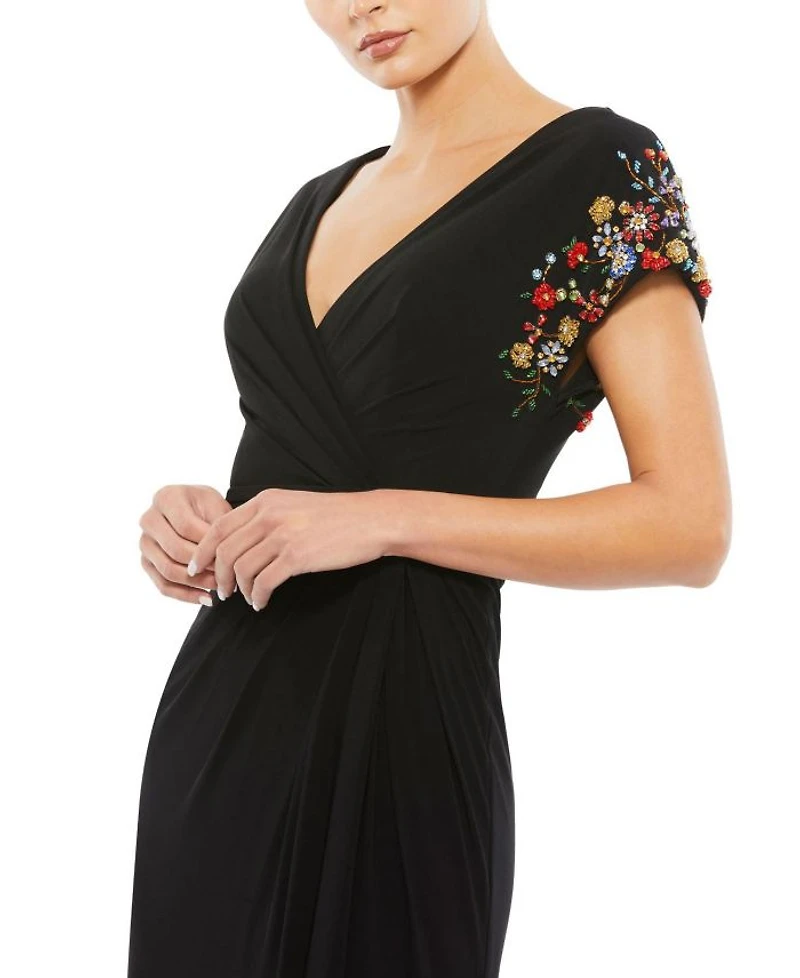 Embellished Sleeve Jersey Wrap Gown