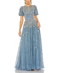 Mac Duggal High Neck Puff Sleeve Embellished A Line Gown