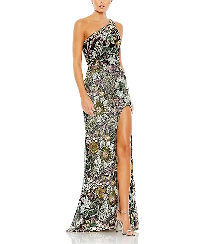 Mac Duggal Floral Embellished One Shoulder Gown