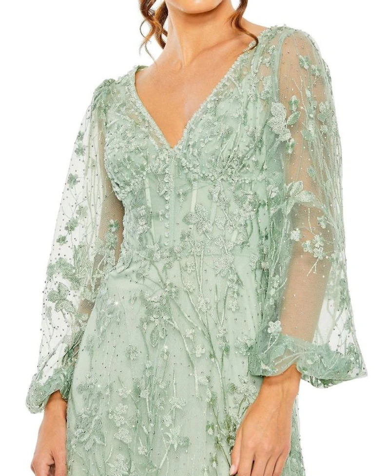 V Neck Puff Sleeve A Line Embroidered Gown