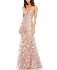 Floral Embellished Sleeveless Plunge Neck Gown