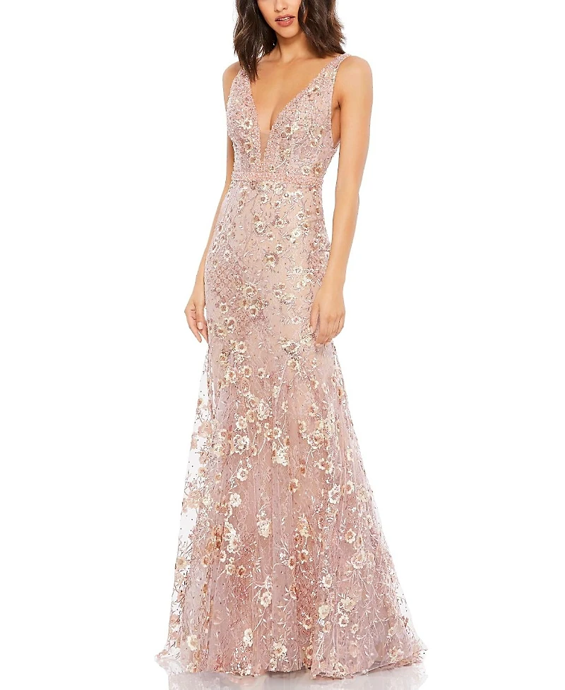 Mac Duggal Floral Embellished Sleeveless Plunge Neck Gown