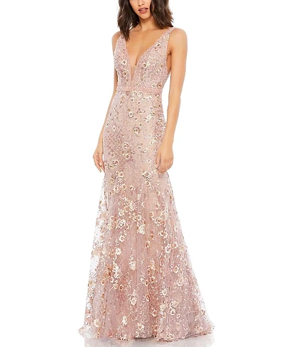 Mac Duggal Floral Embellished Sleeveless Plunge Neck Gown