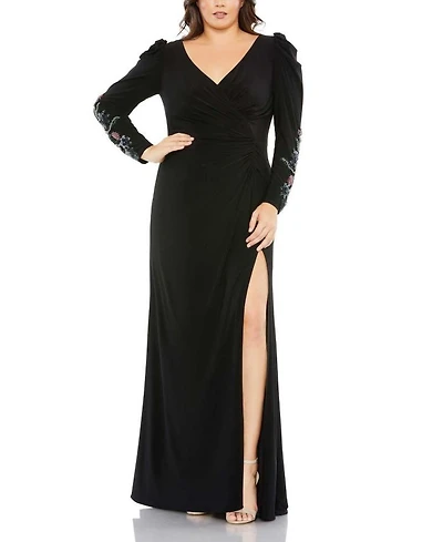 Plus Embellished Long Sleeve Faux Wrap  Gown