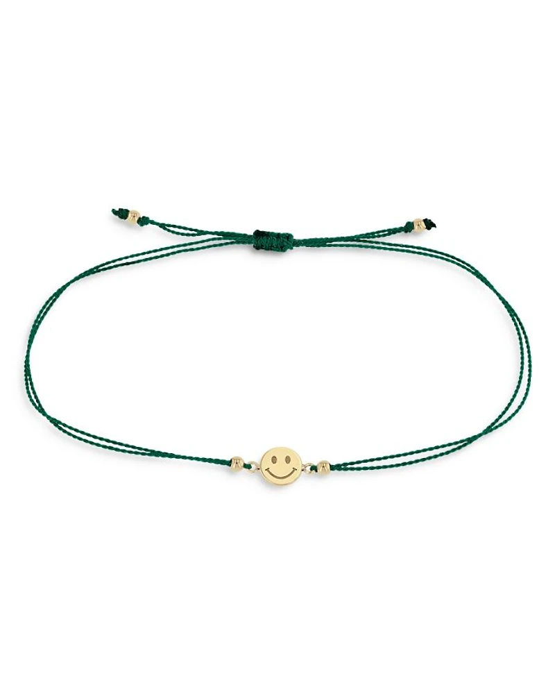 14K Yellow Gold Midi Bitty Smiley Face Green Cord Bracelet