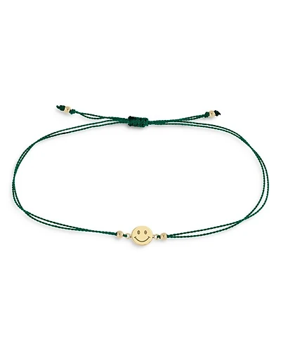14K Yellow Gold Midi Bitty Smiley Face Green Cord Bracelet