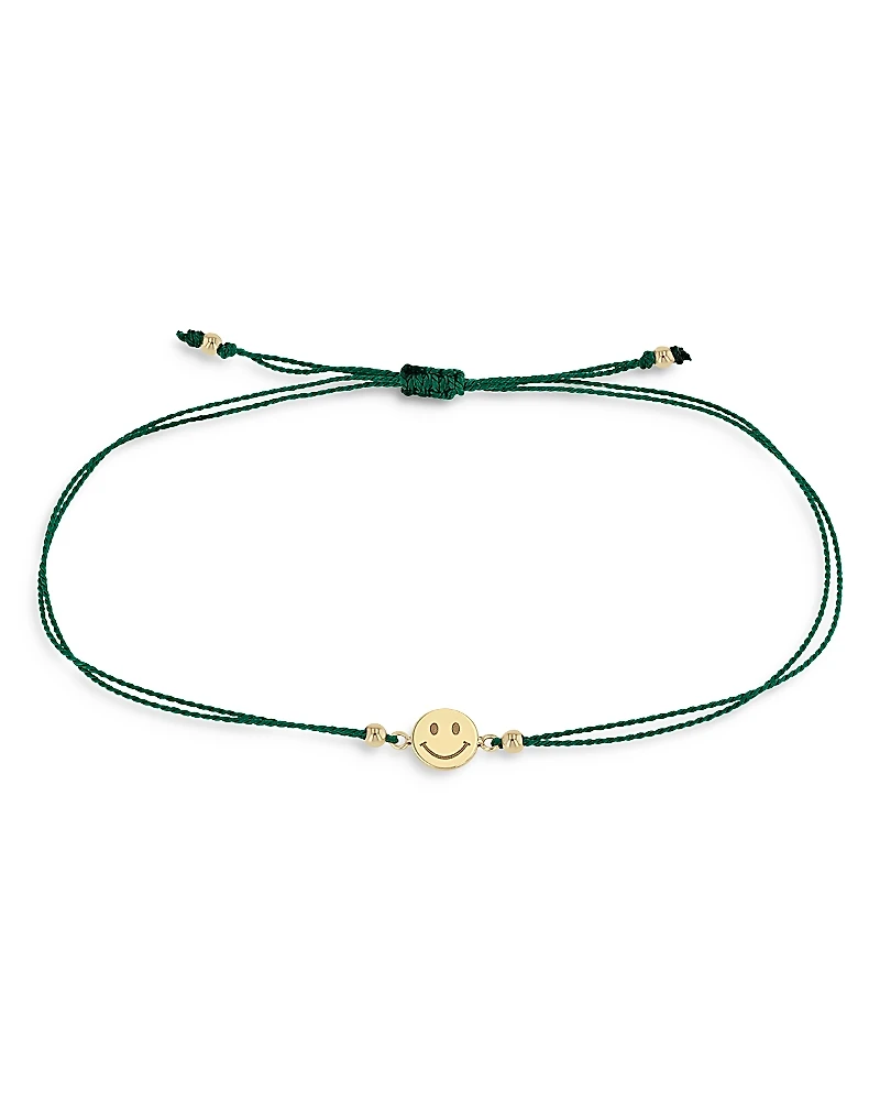 Zoe Chicco 14K Yellow Gold Midi Bitty Smiley Face Green Cord Bracelet