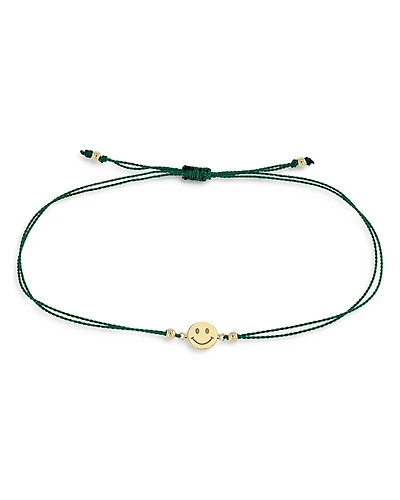 Zoe Chicco 14K Yellow Gold Midi Bitty Smiley Face Green Cord Bracelet